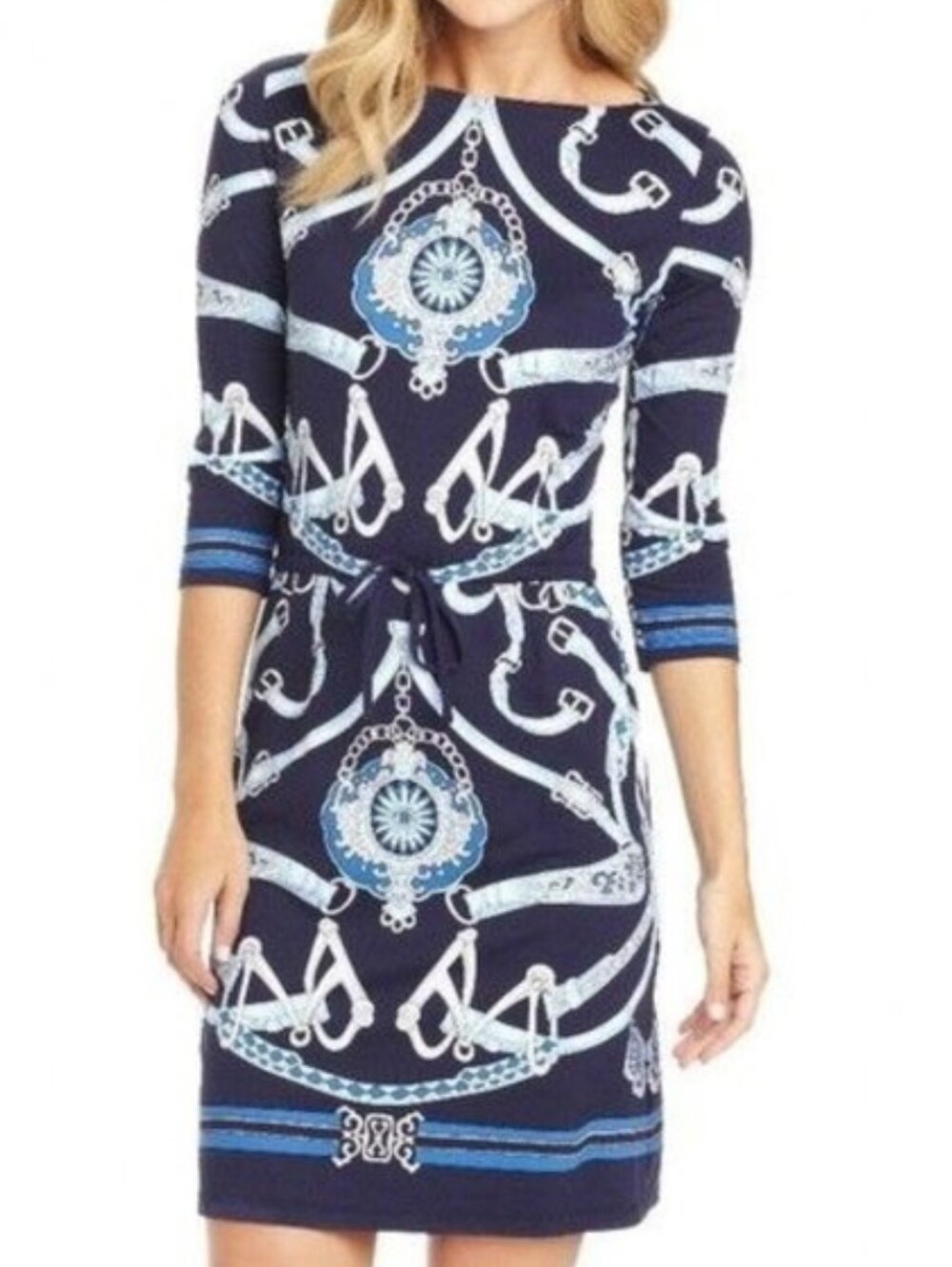 McLaughlin Dress Marianne Navy Blue Chain Equestrian Print Drawstring Catalina